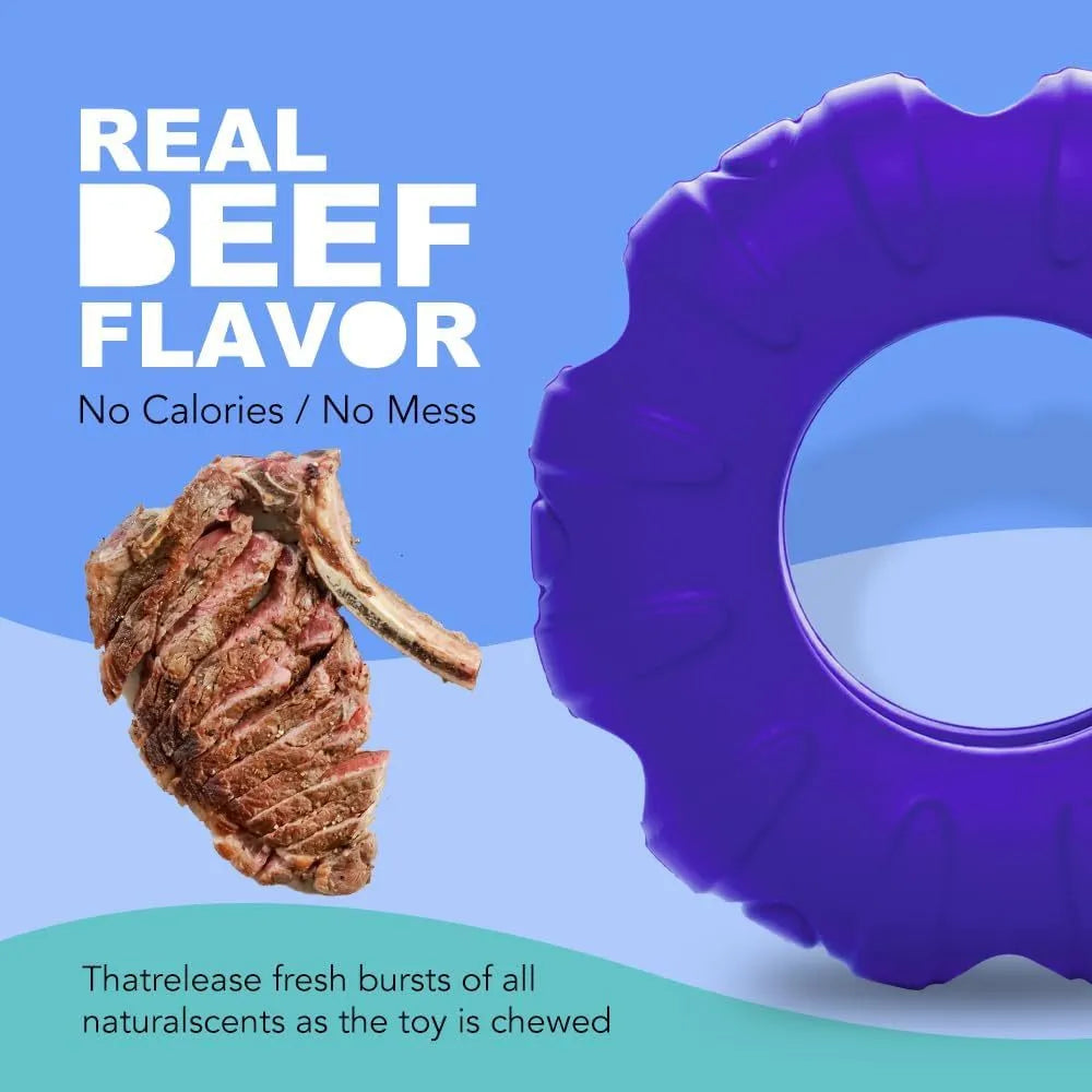 Blue natural rubber tyre-shaped dog chew toy with treat openings for slow feeding