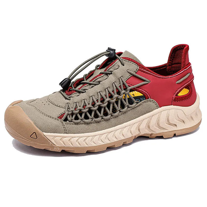 Men's hand-woven closed-toe sandals in light grey with a rubber sole and elastic band.