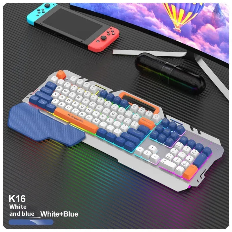 Blue wired gaming keyboard and mouse set with backlit keys on a desk