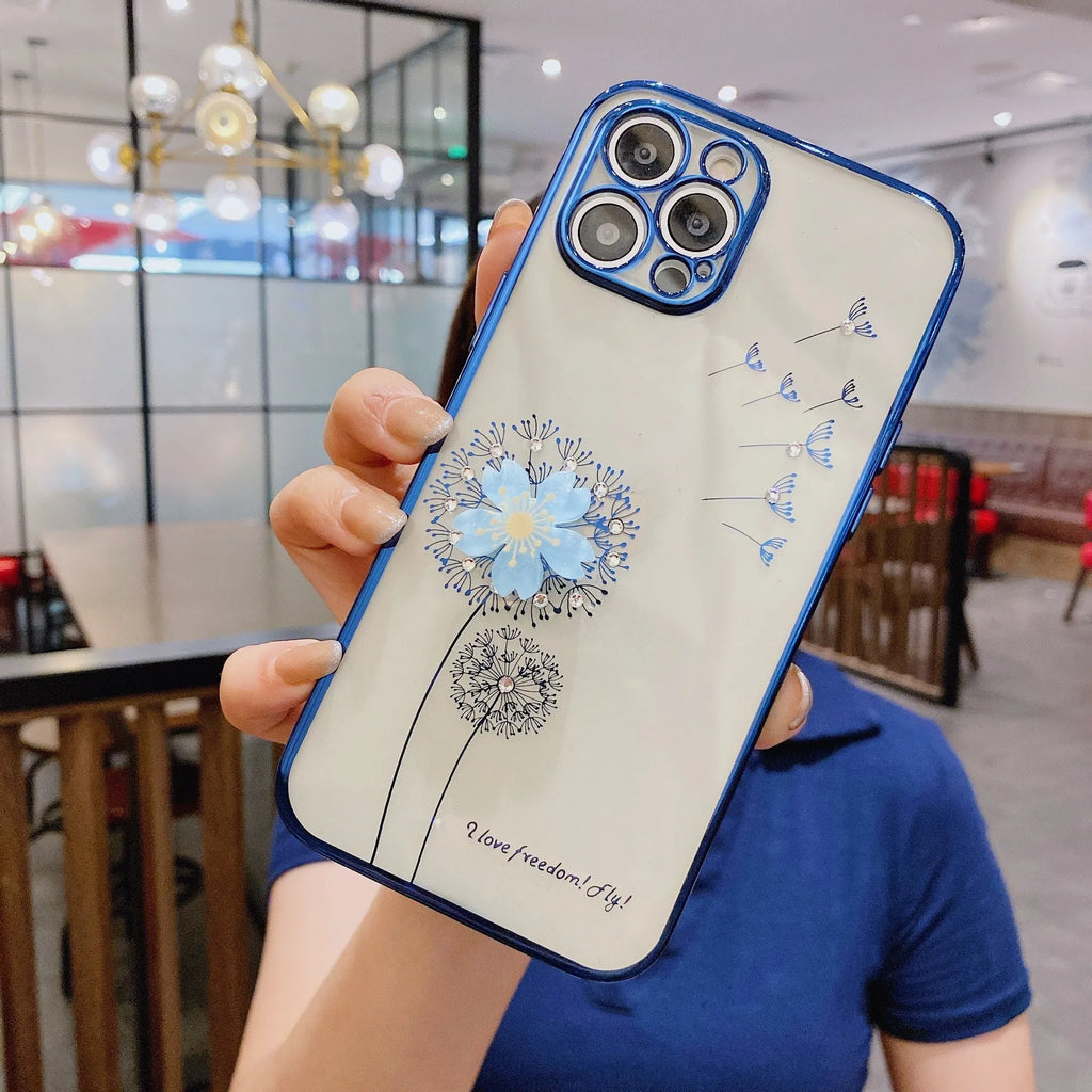 Green 3D flower design phone case with spin stand for iPhone, showing built-in screen protector.