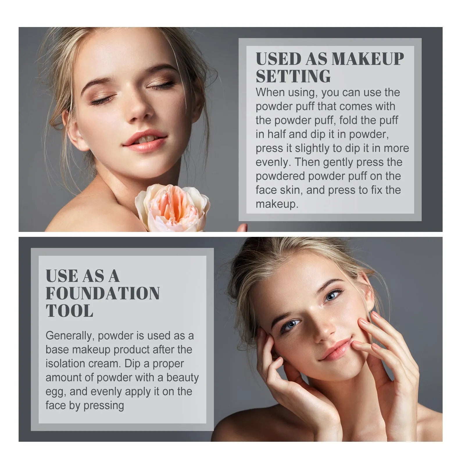 8g finishing powder makeup with powder fan applicator in natural beige, pure beige and classic ivory shades