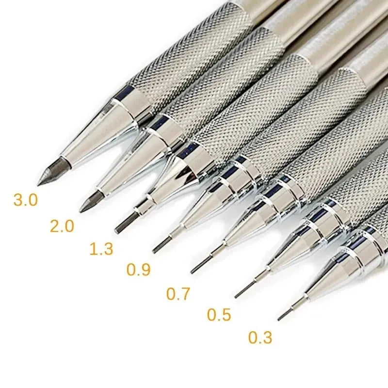 Metal automatic mechanical pencil on a surface, shown with multiple lead size indicators including 0.5mm and 2.0mm.