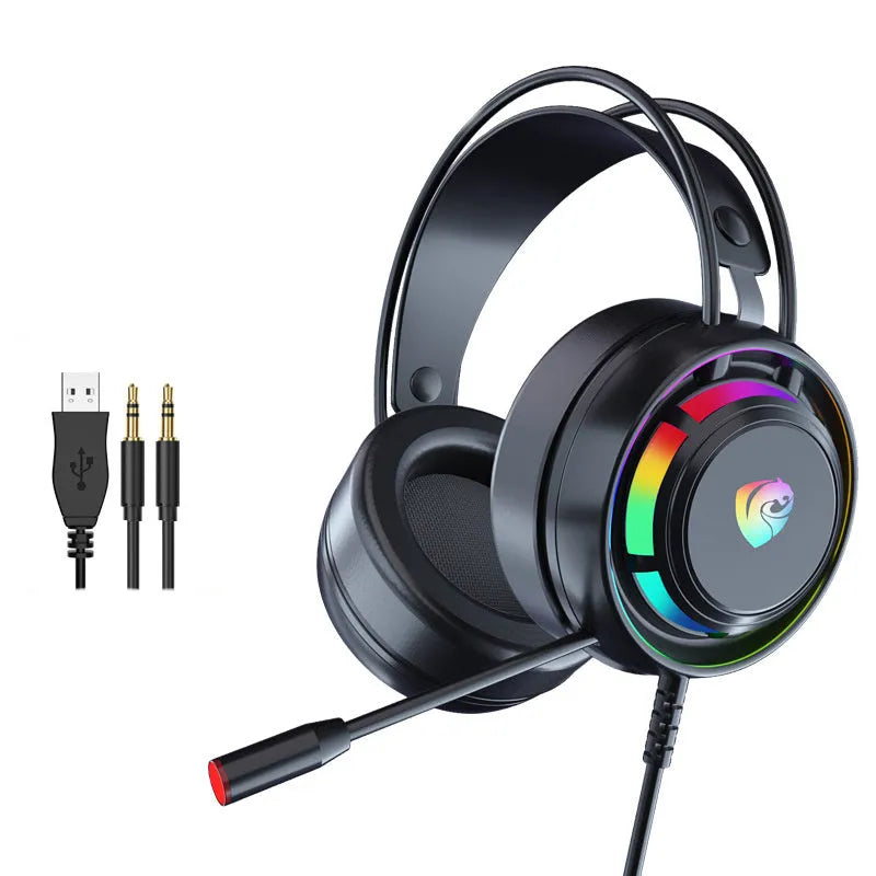 Black wired computer headphones with microphone for gaming and communication