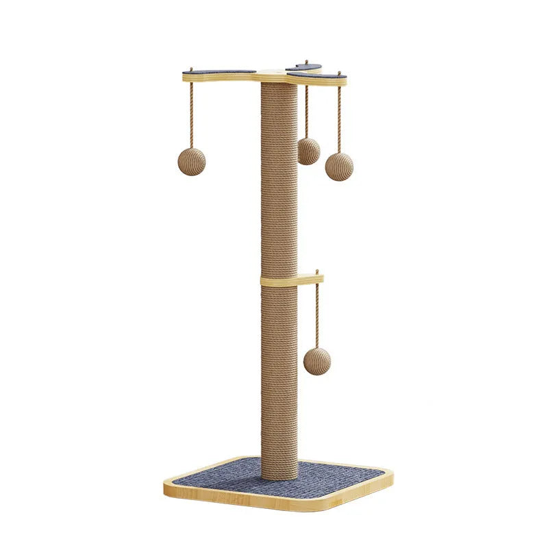 Windmill design cat climbing frame with hanging ball toy on carpet leather and pine wood structure