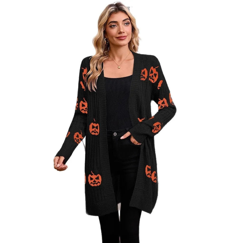 Women's black Halloween pumpkin head jacquard knitted cardigan coat with straight cut