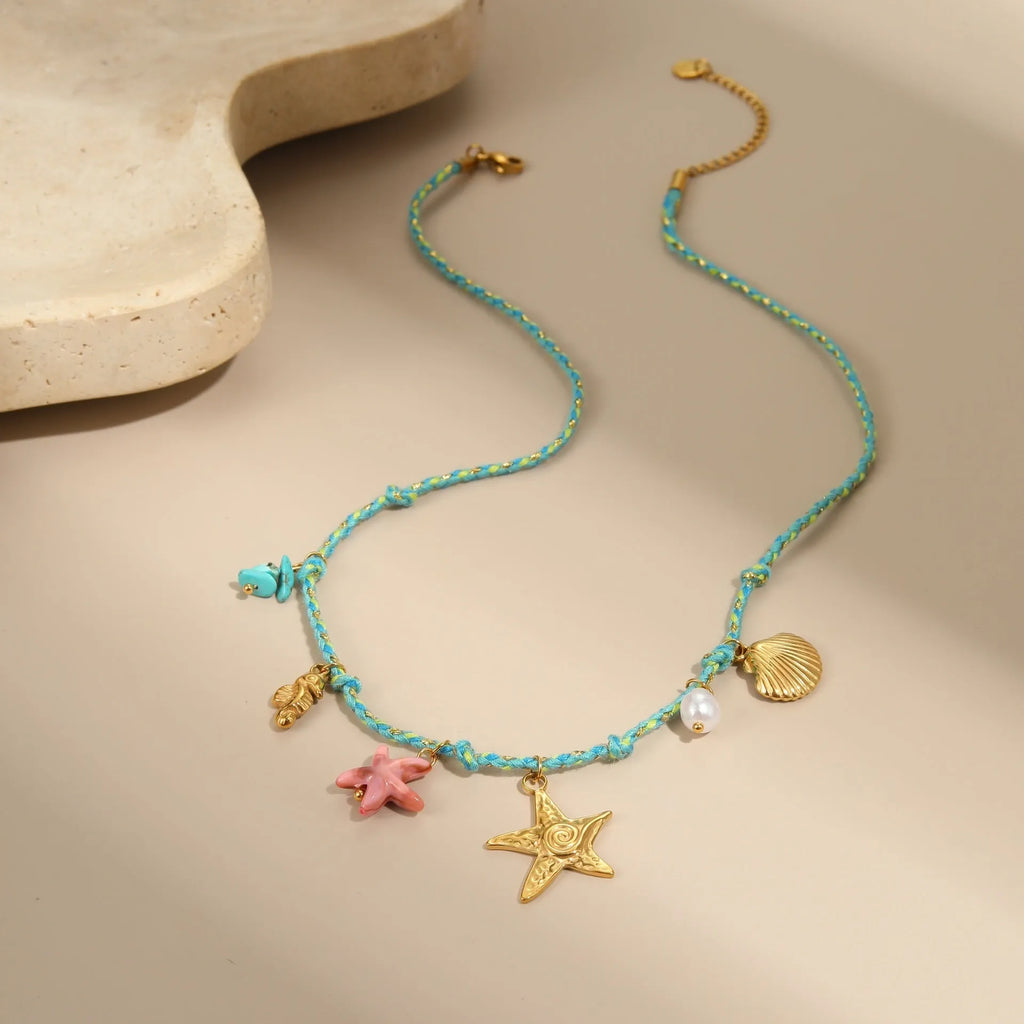 Handmade braided rope necklace or bracelet with stainless steel chain and geometric pendant in 18K titanium steel finish