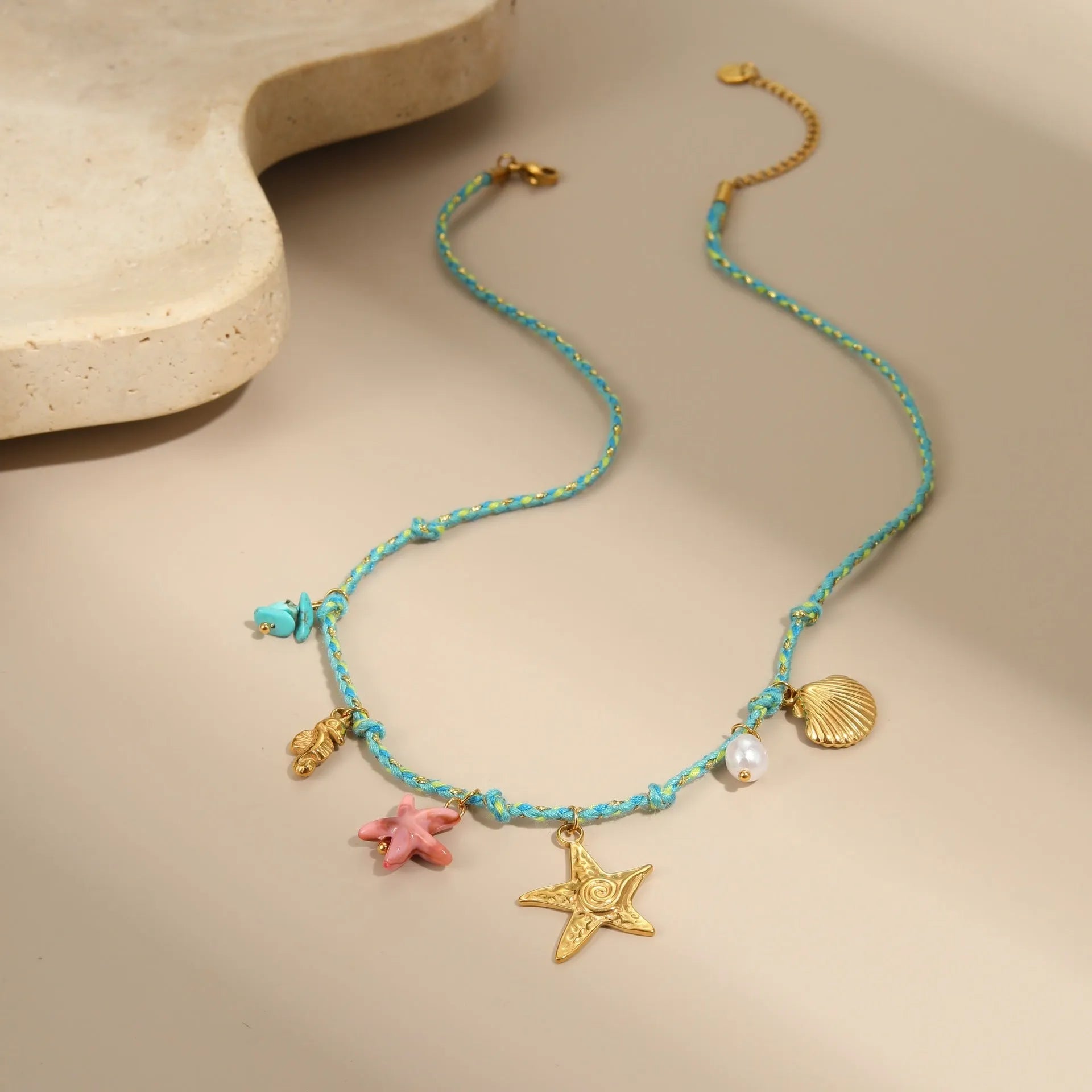 Handmade braided rope necklace or bracelet with stainless steel chain and geometric pendant in 18K titanium steel finish