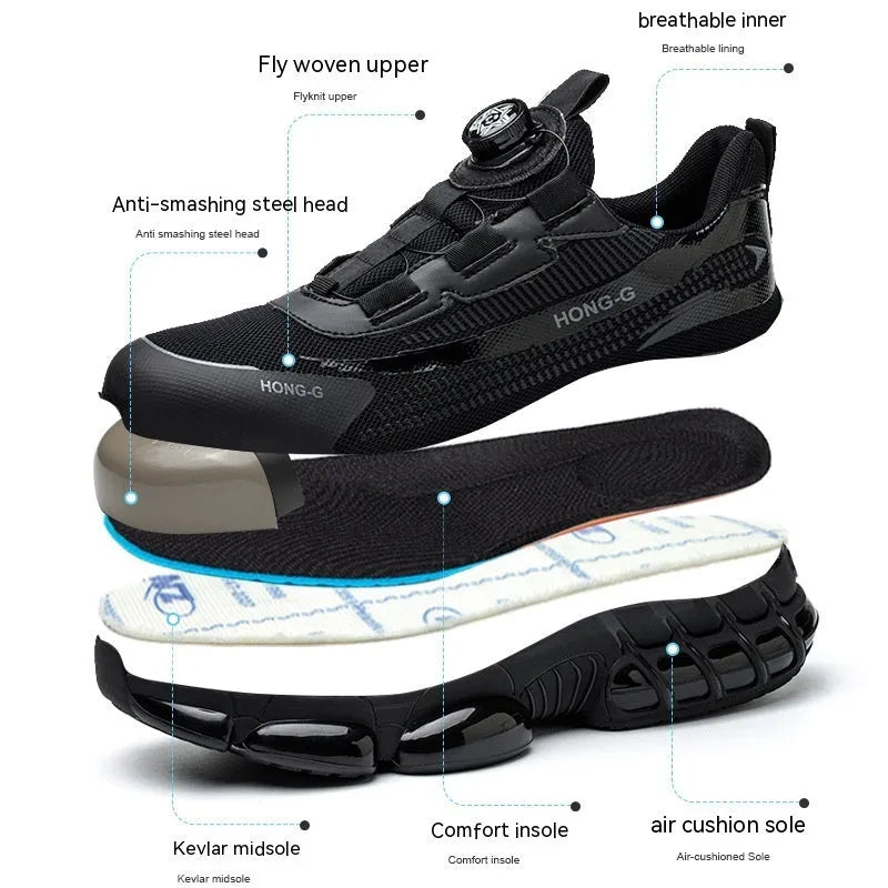 Men's black lightweight work safety shoes with steel toe cap and lace-up front.