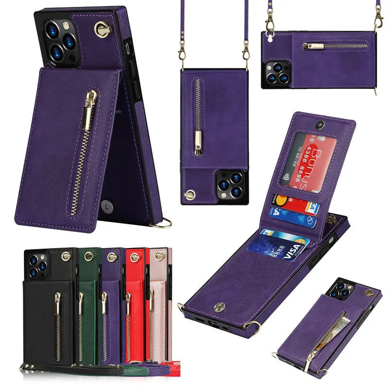 Solid colour leather and TPU mobile phone case in black, purple, green, red, or rose gold for iPhone and Samsung devices