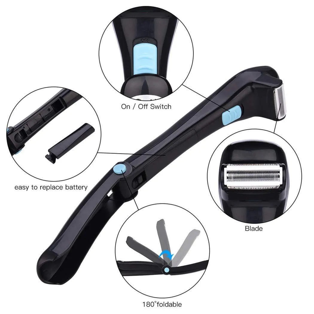 Black folding body electric shaver in open and closed positions showing battery compartment