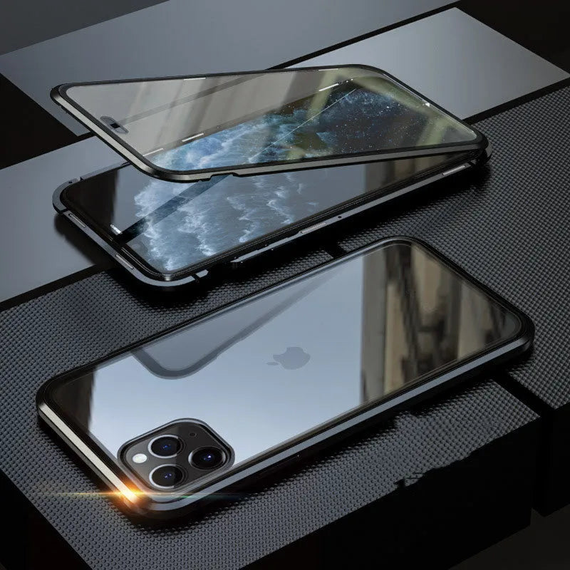 Glass clamshell anti-spy phone case for iPhone in multiple solid colours including black, blue, gold, green, red, and silver