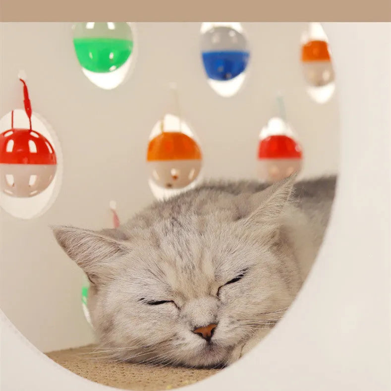 Plastic cat scratch board nest with hanging bell ball toy and tunnel passage
