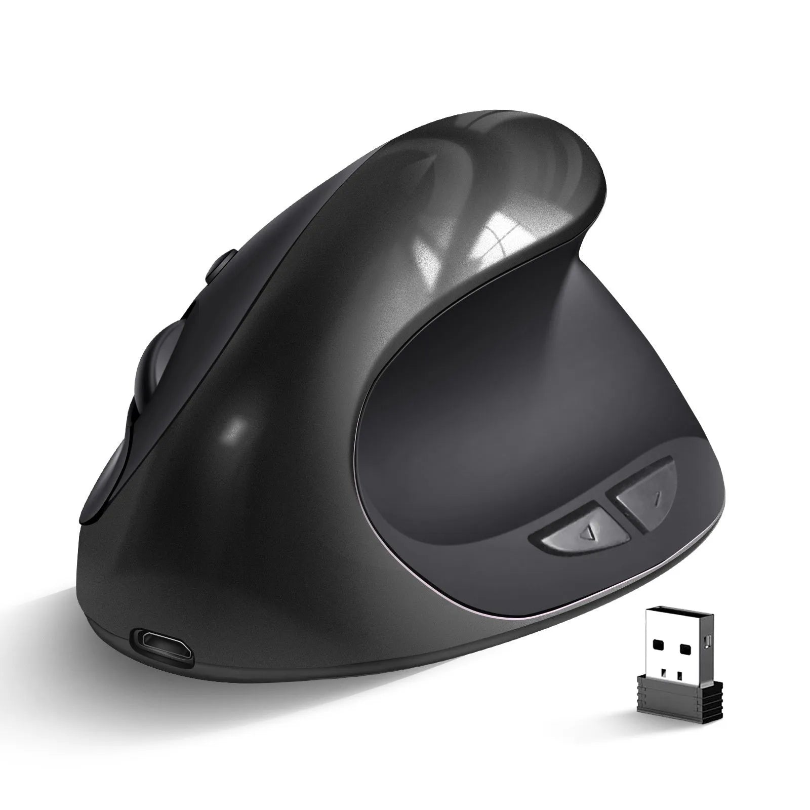Vertical ergonomic wireless mouse showing upright design with USB connector and multiple colour options