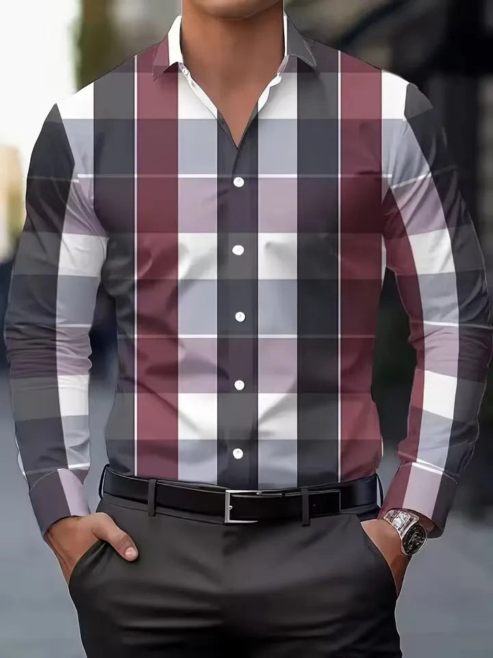 Man wearing a striped long sleeve shirt with a button lapel collar, available in multiple colours and sizes.