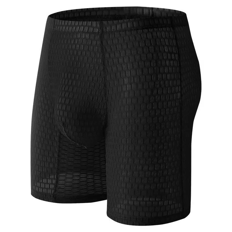 Men's solid colour lace boxers with a lengthened hip-lifting shaping design on a size chart.