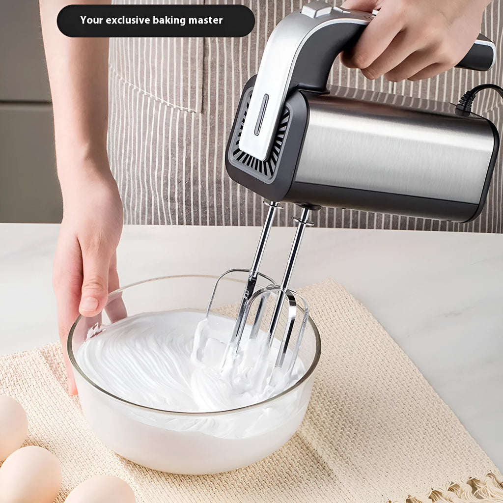 Silver handheld electric kitchen whisk with 5 speed settings