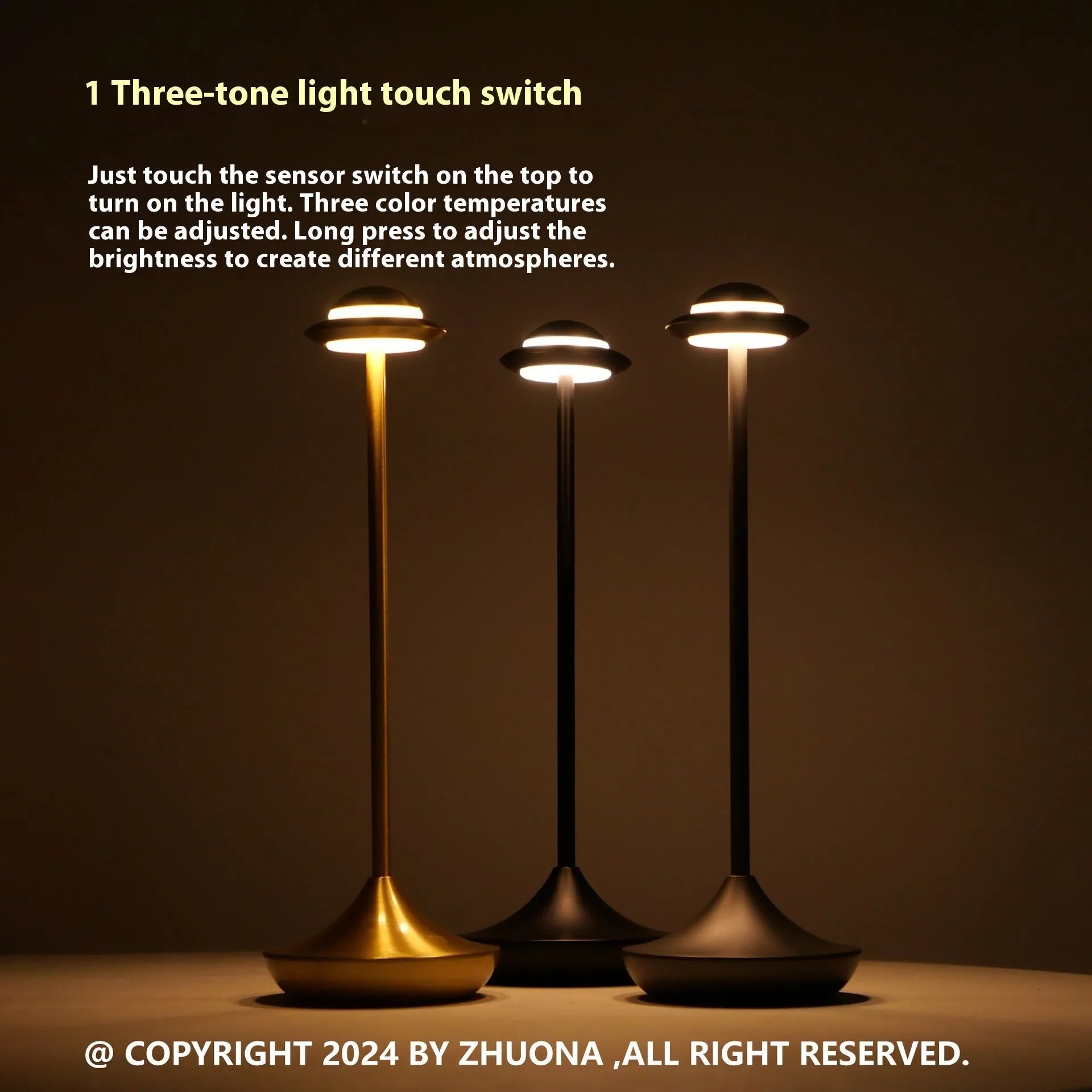 UFO-shaped metal table lamp with touch controls in black, gold, or grey colour options