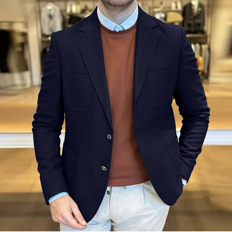 Men's loose-fit cotton retro suit jacket in army green on a hanger