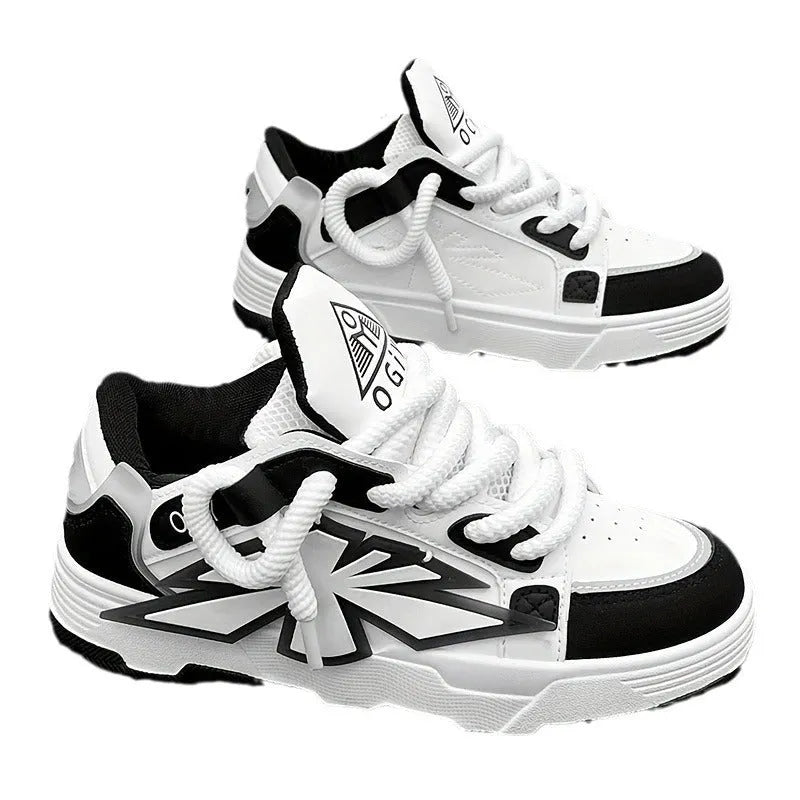 Men's white thick-bottom clunky sneakers with a round toe and lace-up front.