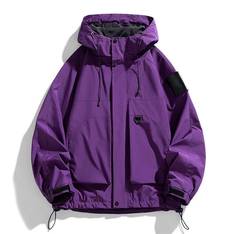 Men's black windproof waterproof hooded jacket in polyester blend fabric