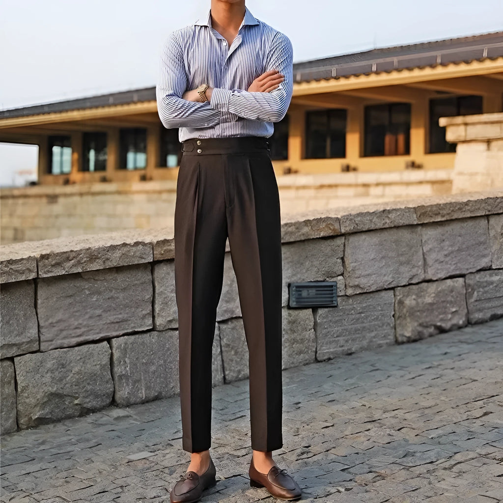 Slim fit straight-leg suit trousers in apricot, black, and white colours