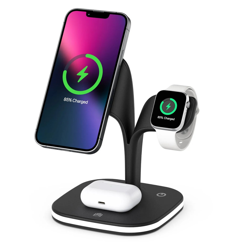 Black 3-in-1 wireless charging stand for phone, watch and headphones on a desk