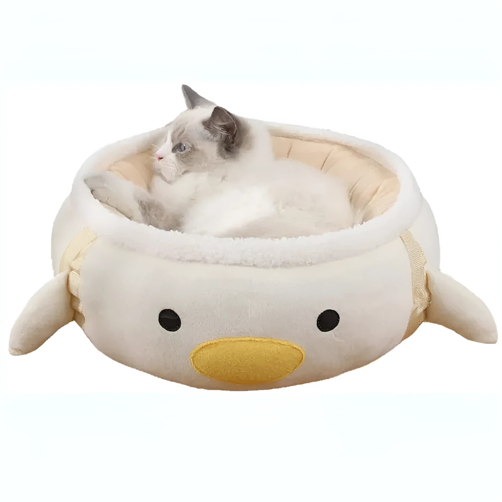Green dinosaur and chick shaped cat bed shown both flat and hanging as a hammock