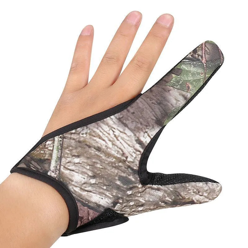 Two-finger fishing tackle glove in black colour, showing diving cloth back and microfiber palm material.