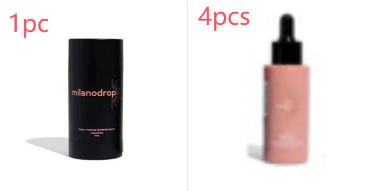 Matte sun tanning black liquid showing 50ml tanning drops bottle and 75ml tanning flash cream tube