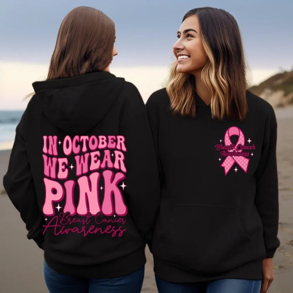 Pink breast cancer awareness pullover hoodie with a retro hot stamping pattern and a side seam pocket.