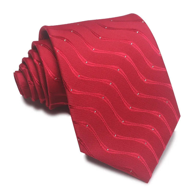 Men's 8cm polyester jacquard striped business tie in red black and blue formal arrow type