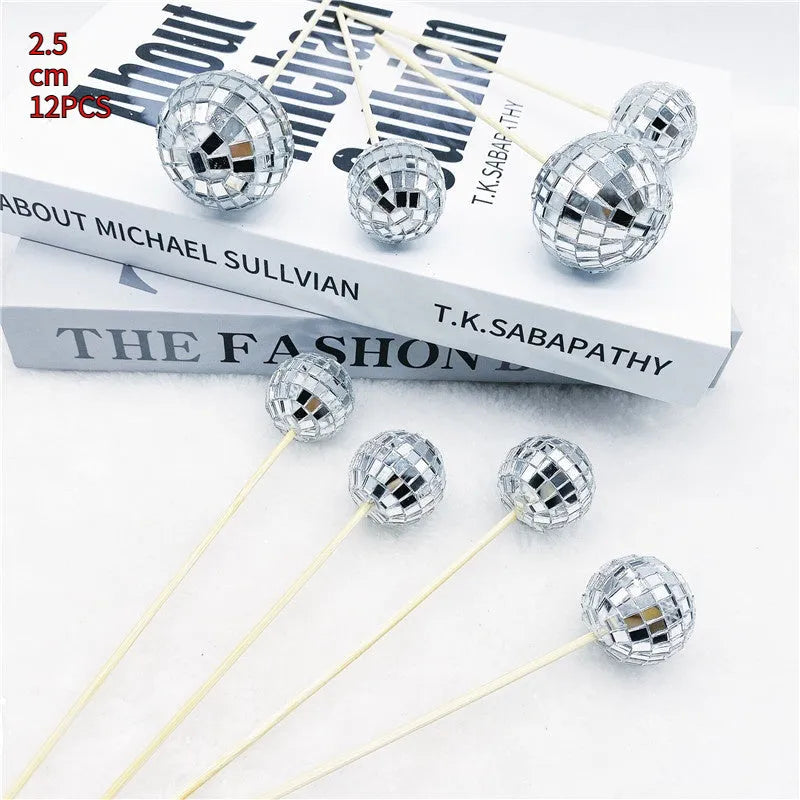 Glass disco ball cake decoration with wooden stick in various sizes from 2.5cm to 5cm