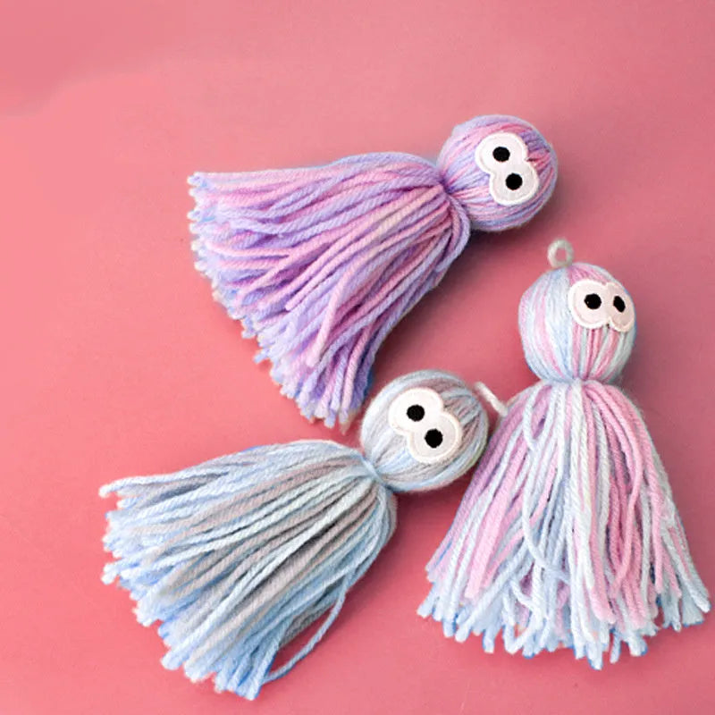 Set of four wool cat balls and teaser stick in blue-gray colour combination