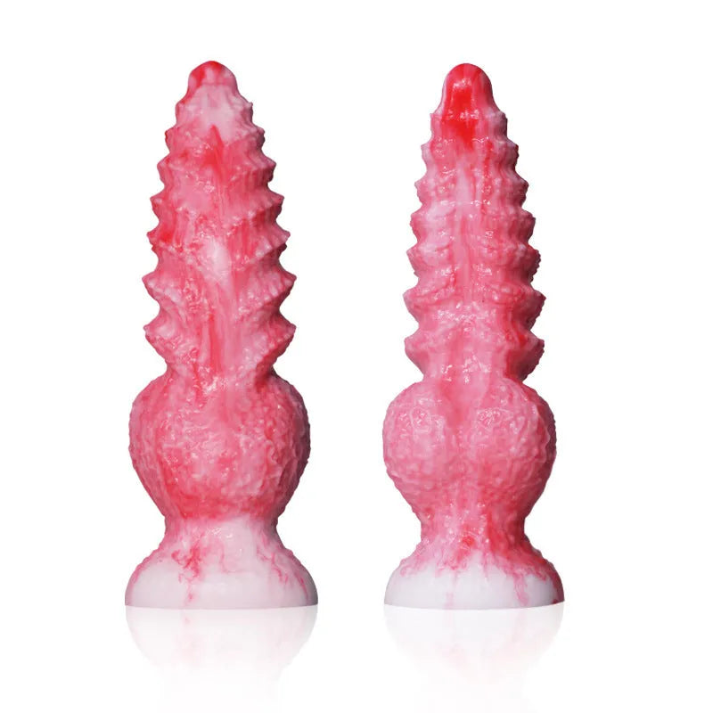Pink platinum silicone shaped penis women's masturbation device on a plain background.
