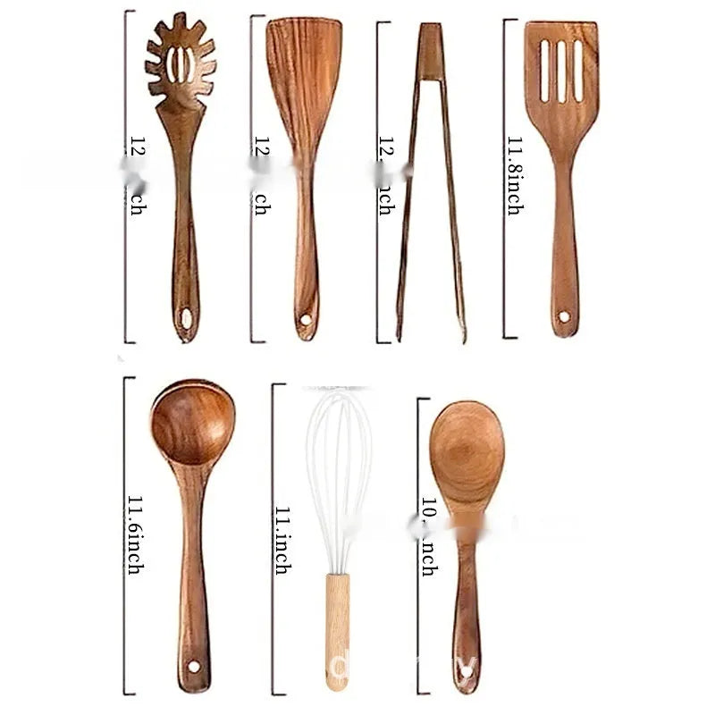 Wooden 7-piece kitchen utensil set including spatula and soup spoon in box suit packaging.