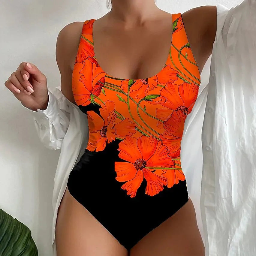 Women's 3D printed one-piece swimsuit in orange red, sky blue, or purple.