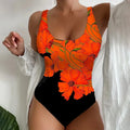 Women's 3D printed one-piece swimsuit in orange red, sky blue, or purple.