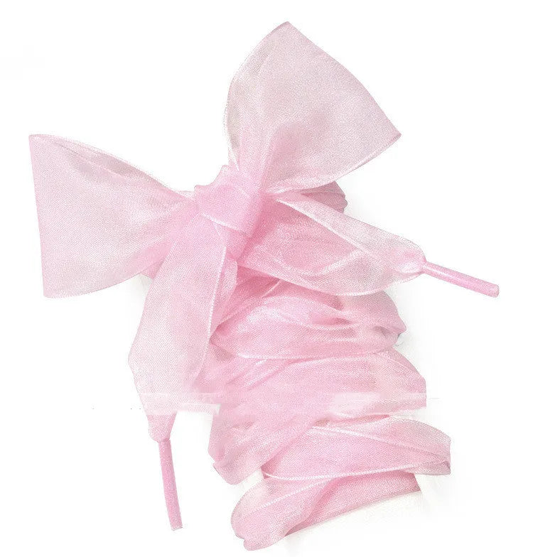 Wide 4cm transparent silk shoelaces in beige, black, and wine red colours, showing length.
