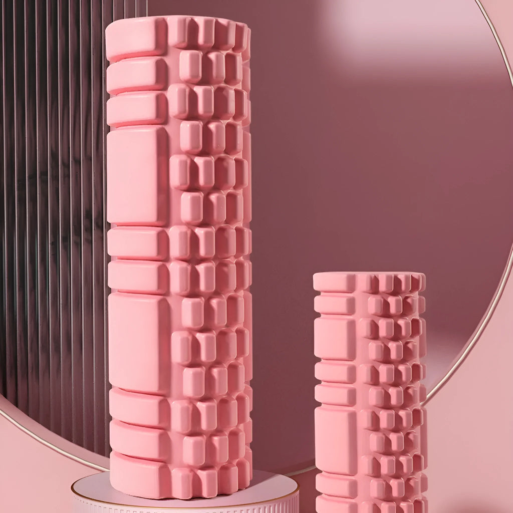 EVA foam roller for fitness in multiple colours and sizes including black, grey, pink, and blue