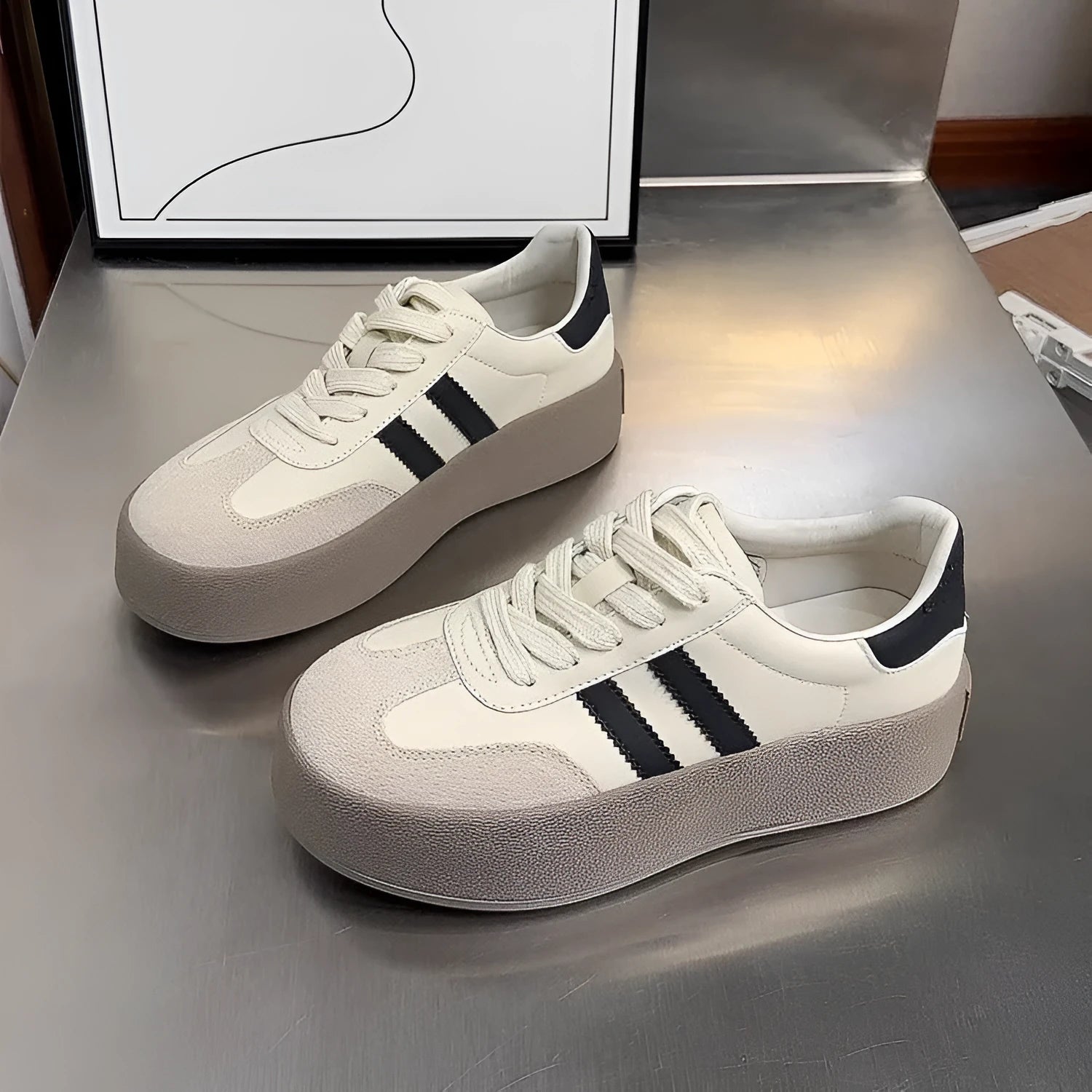 Women's beige distressed leather vintage lace-up sneakers with round toe and rubber sole on a white background.