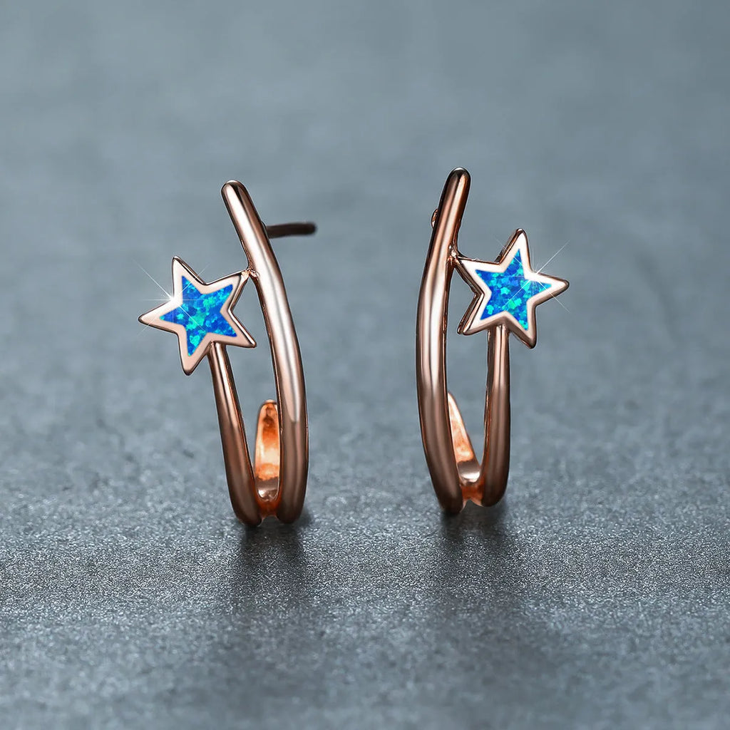 Blue opal earrings with geometric five-pointed star design in platinum blue copper electroplated finish