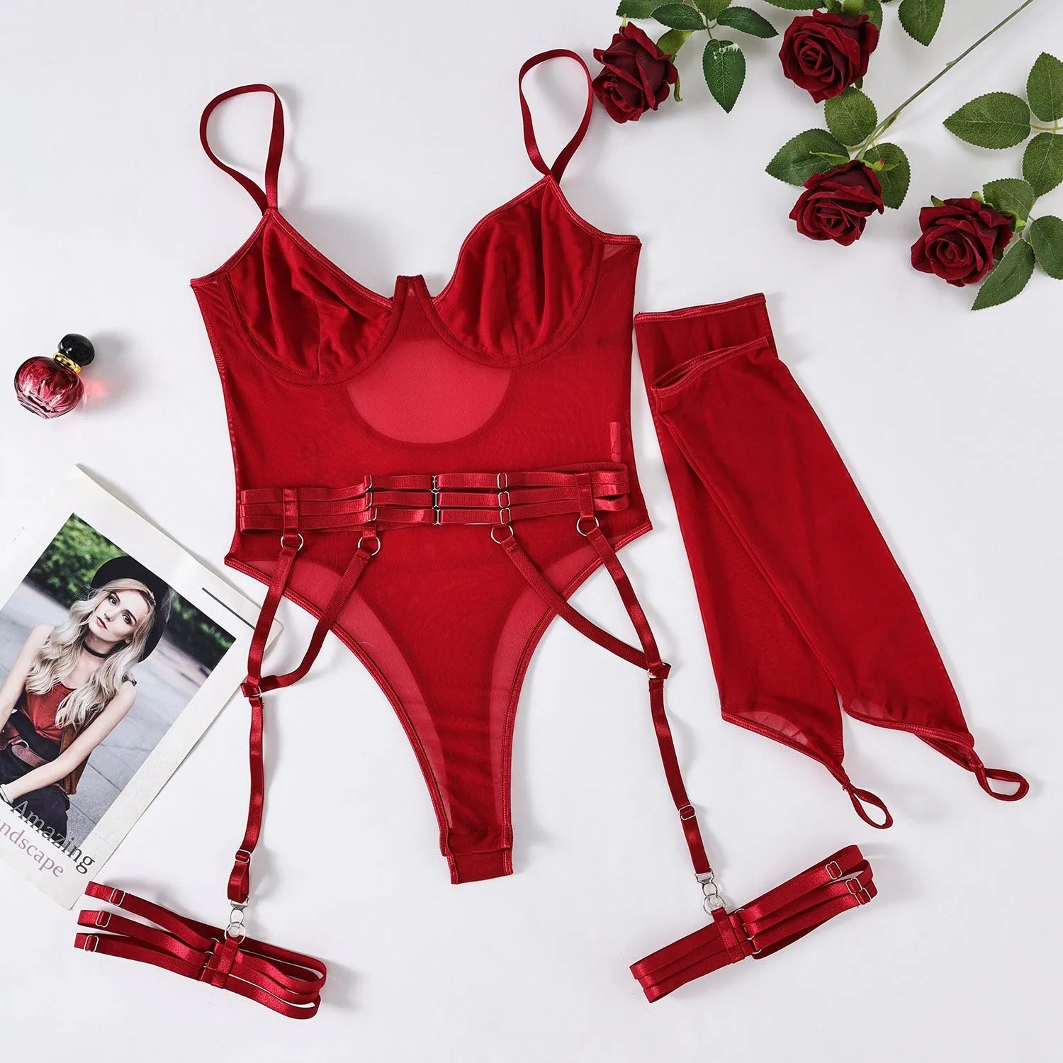 Women's transparent black mesh jumpsuit, a one-piece tights-style garment made from polyester fabric.