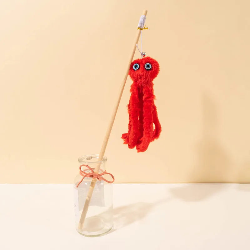 Octopus theme cat toy with long stick handle in bright pink purple red grey colours