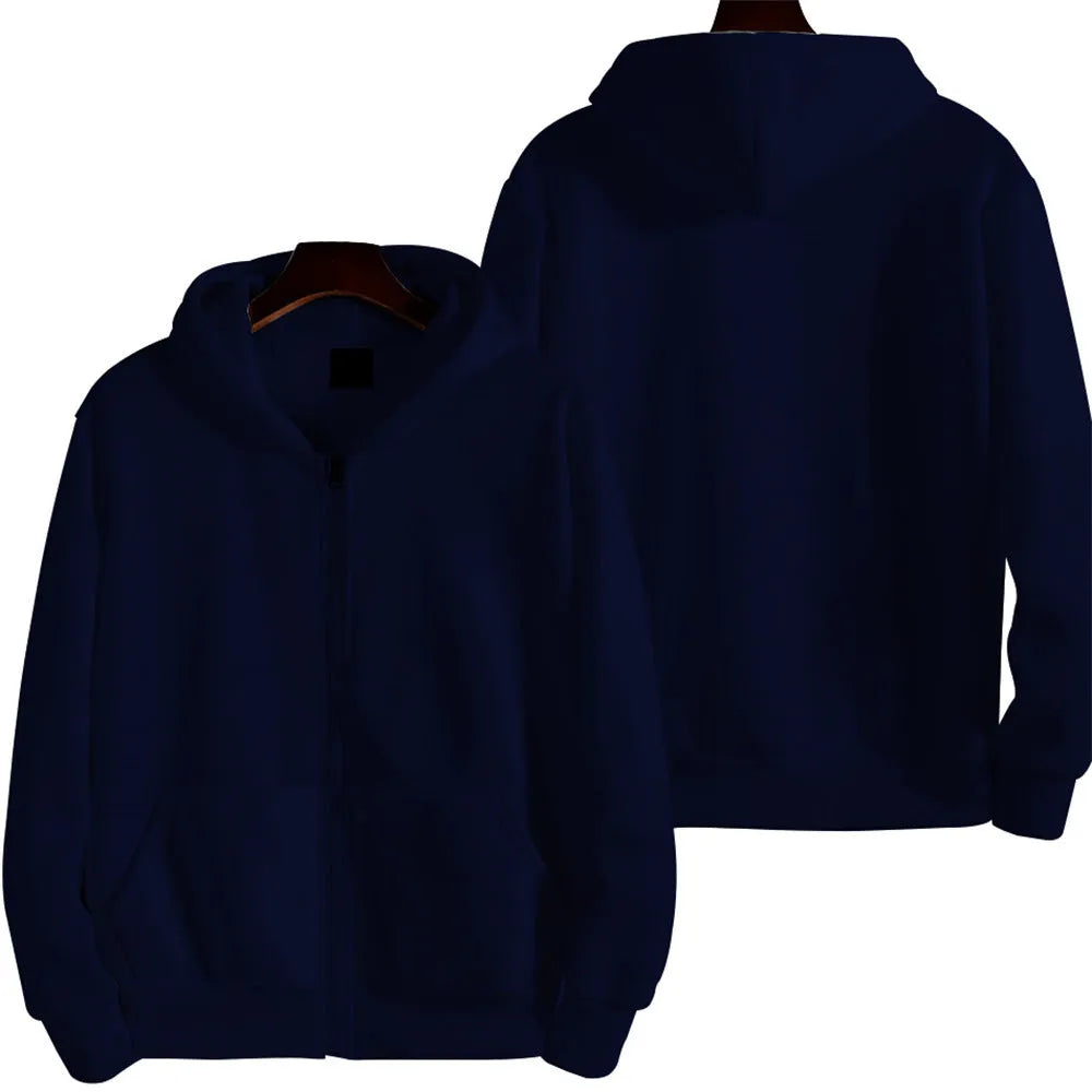 Man wearing a solid colour loose fit full-zip sports jacket.