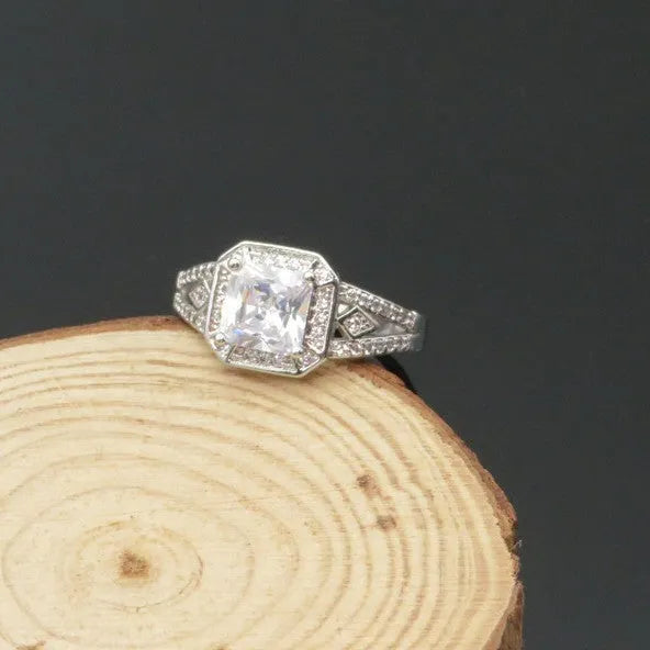 Women's geometric hollow zircon ring with platinum colour finish and quadrilateral design