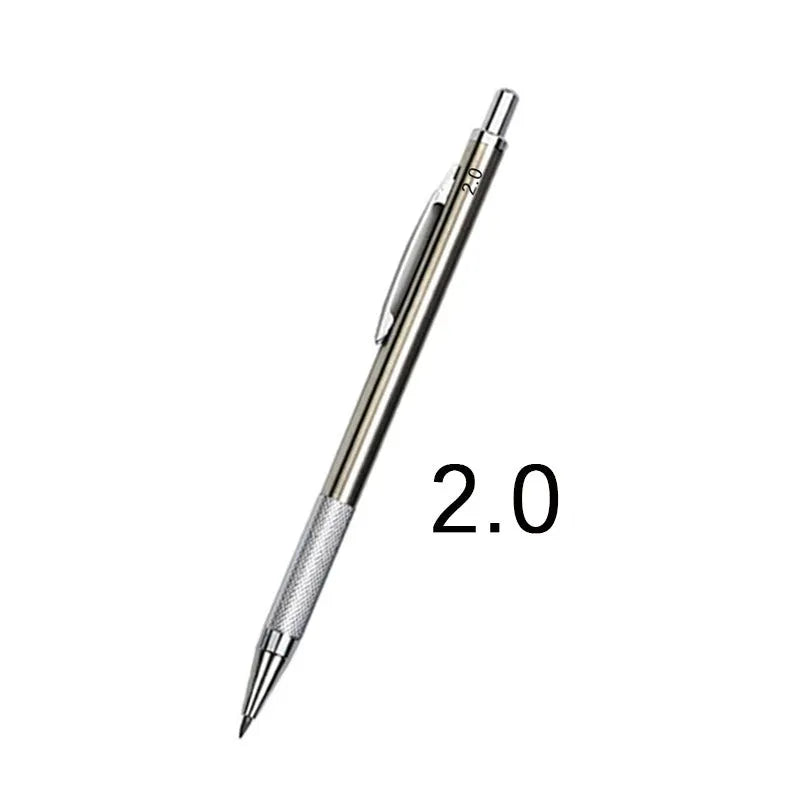 Metal automatic mechanical pencil on a surface, shown with multiple lead size indicators including 0.5mm and 2.0mm.