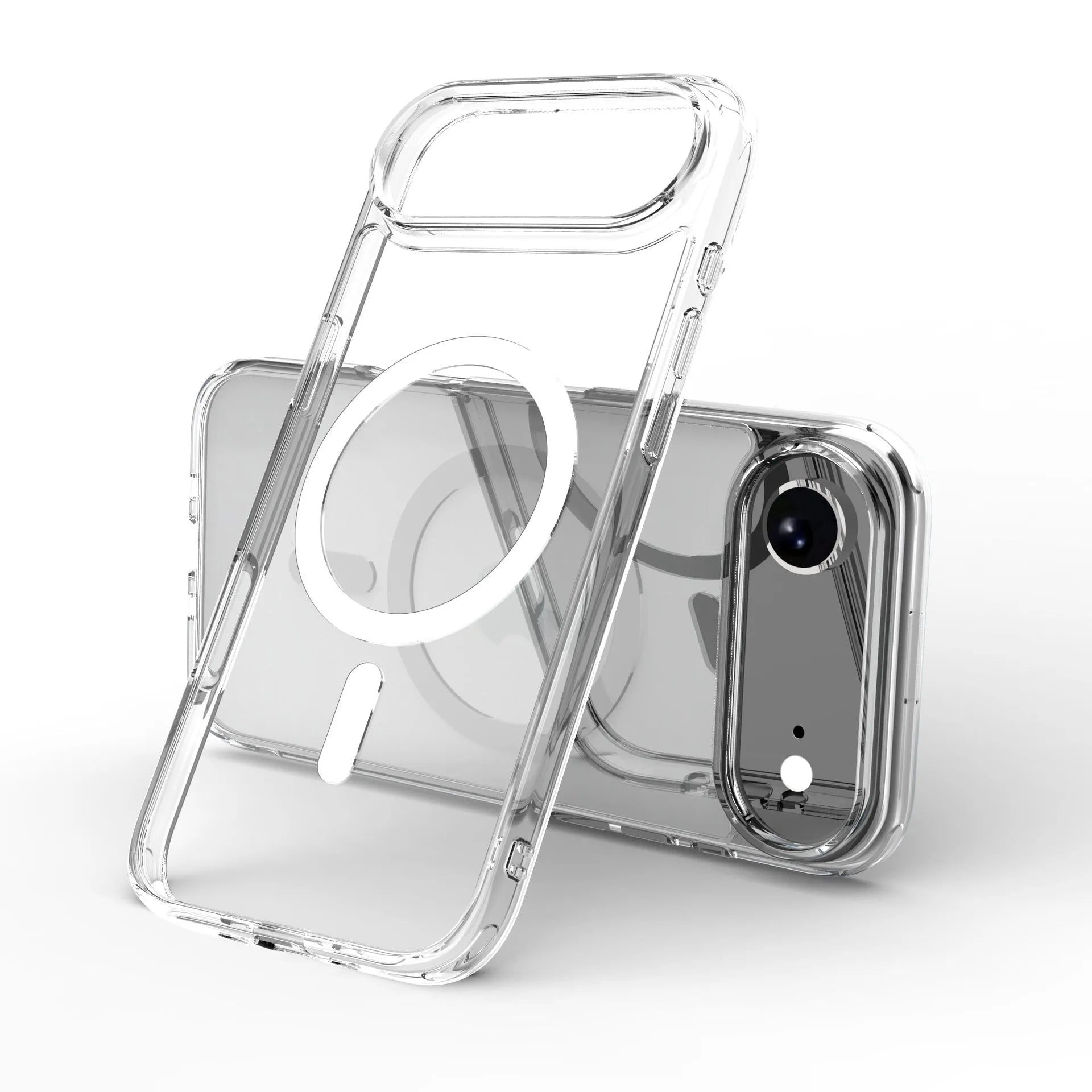 Transparent magnetic protection case for iPhone 17 series phones showing clear design with magnetic ring