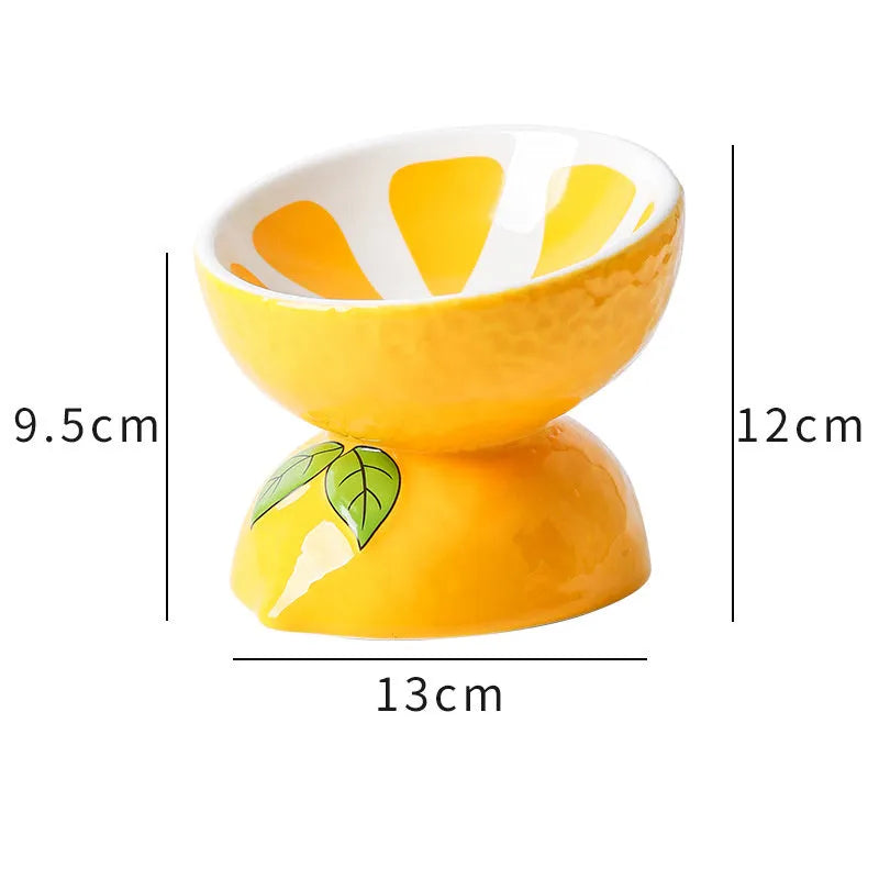 Ceramic raised cat bowl with tilted surface and anti-slip base in orange, pitaya, or watermelon pattern