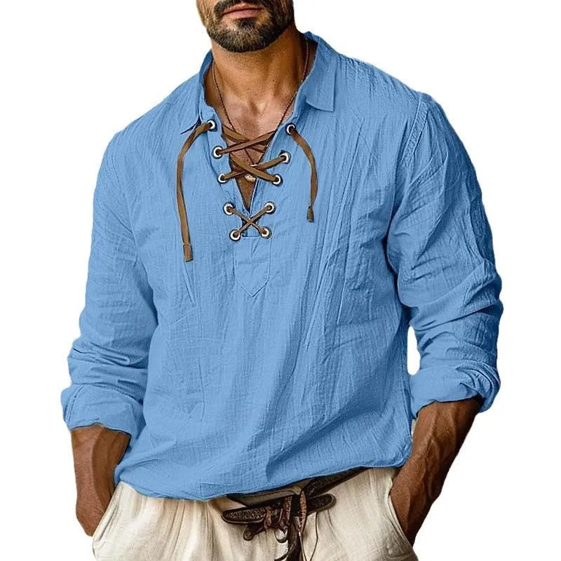Men's plus size loose fit linen shirt with lapels and long sleeves in a solid colour.