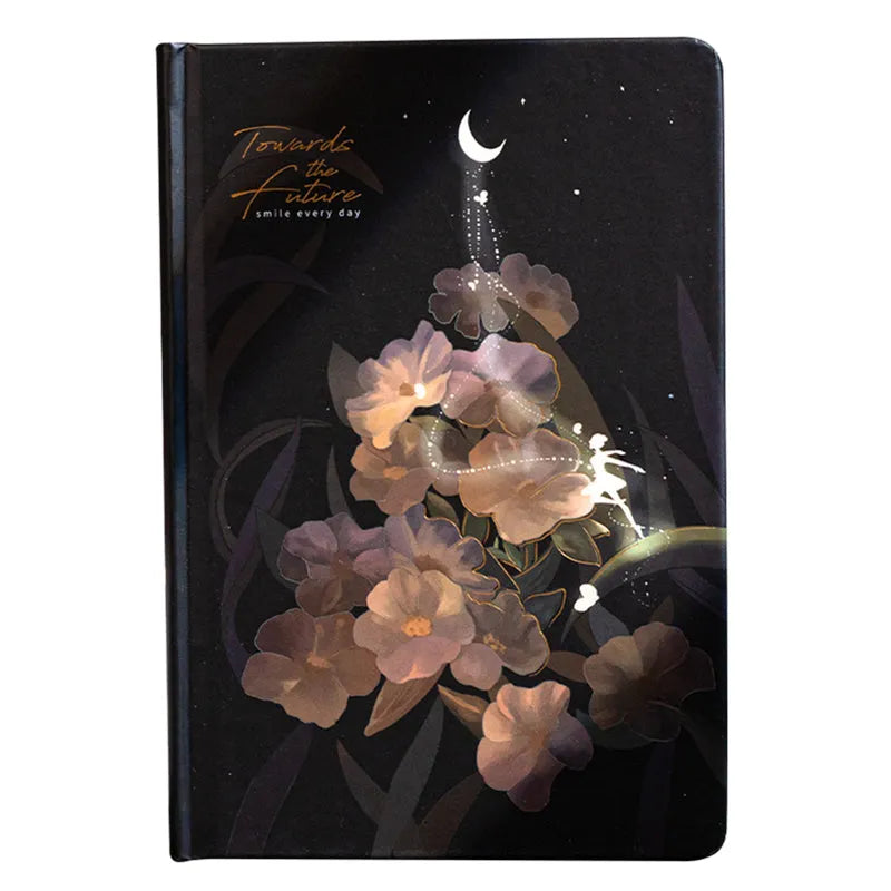 A5 notebook with a luminous cover open to show internal colour illustrations, next to Purple, Light Blue, Gold, and Deep Blue colour options.
